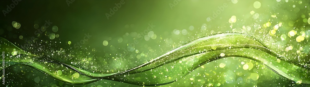 Poster an abstract background featuring flowing green waves and shimmering bokeh, creating a vibrant, uplif
