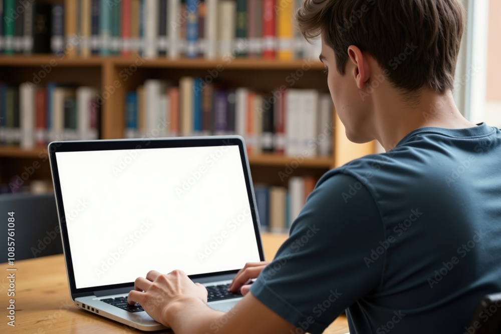Aufkleber student in library studying on laptop with blank screen for online learning or remote work concept.