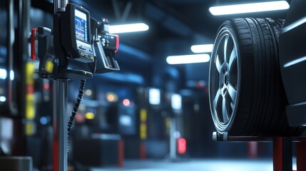 Fototapeta premium High-Tech Wheel Alignment in a Modern Auto Repair Shop