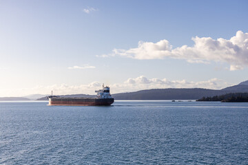 Cargo Ship Sailing Through Gulf Islands, BC, Canada