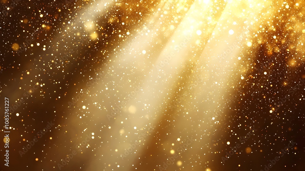 Poster a mesmerizing display of golden light beams illuminating a background filled with sparkling particle