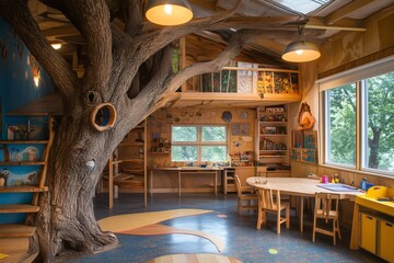 Creative learning space for kids cozy treehouse room play area design nature-inspired environment bright perspective