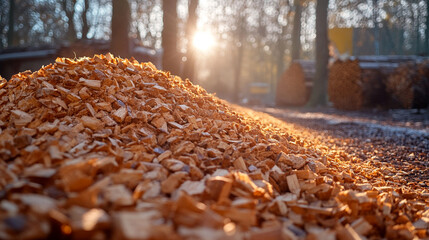 large stack of wood chips and organic materials in an outdoor setting, symbolizing sustainability, renewable resources, and recycling in an eco-friendly industry or natural environment