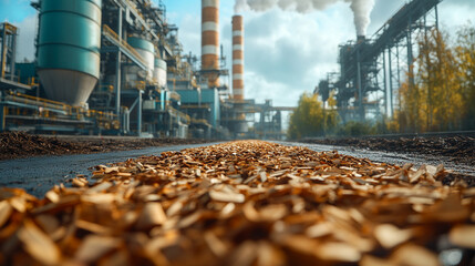 large stack of wood chips and organic materials in an outdoor setting, symbolizing sustainability, renewable resources, and recycling in an eco-friendly industry or natural environment