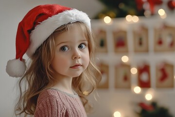 Adorable little girl in santa hat joyfully posing with colorful christmas advent calendar