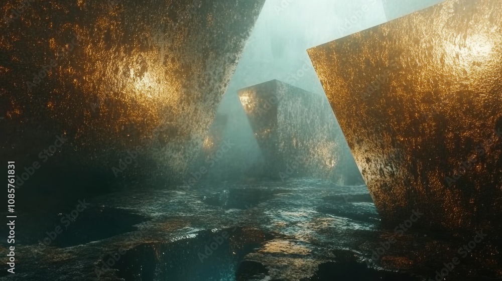 Poster abstract exploration of shimmering geometric shapes in a mysterious environment with ethereal lighti