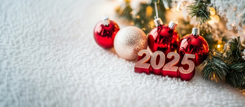 New year number "2025" with Christmas decoration on snow background. New Year concept.