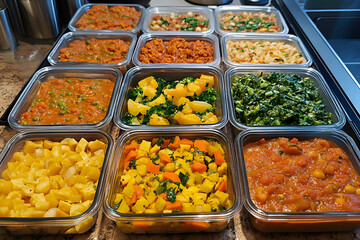 Neatly organized Veganuary meal prep features vibrant vegan dishes in reusable containers. Perfect for a healthy, plant-based lifestyle and weekly meal planning.