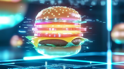 Futuristic burger with glowing neon layers and metallic buns floating above a sleek digital background