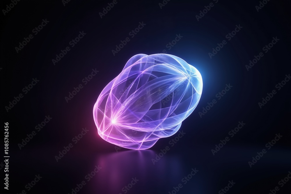 Poster abstract glowing neon light trails on dark background in futuristic swirl pattern.