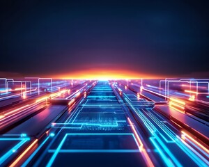 Glowing business roadmap leading to a majestic horizon symbolizing powerful growth and strategic vision in a hyper realistic environment