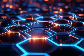 Glowing hexagonal grid pattern with digital data streams futuristic technology background with deep colors