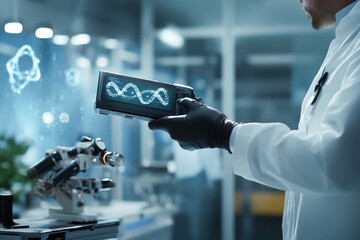 A scientist in a white coat and black gloves examines a device displaying a DNA structure. The futuristic blue background features glowing scientific icons and symbols