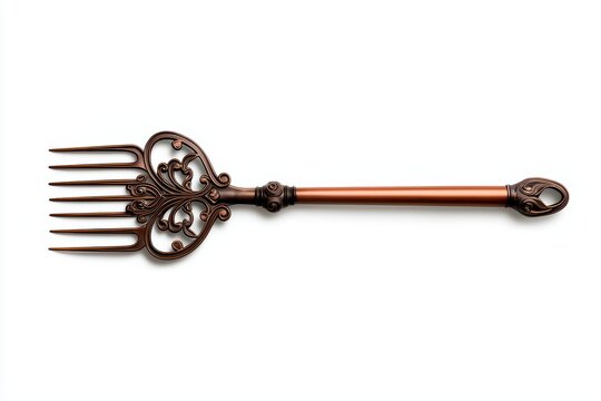 Ornate copper fork with an elegant design on a white background.