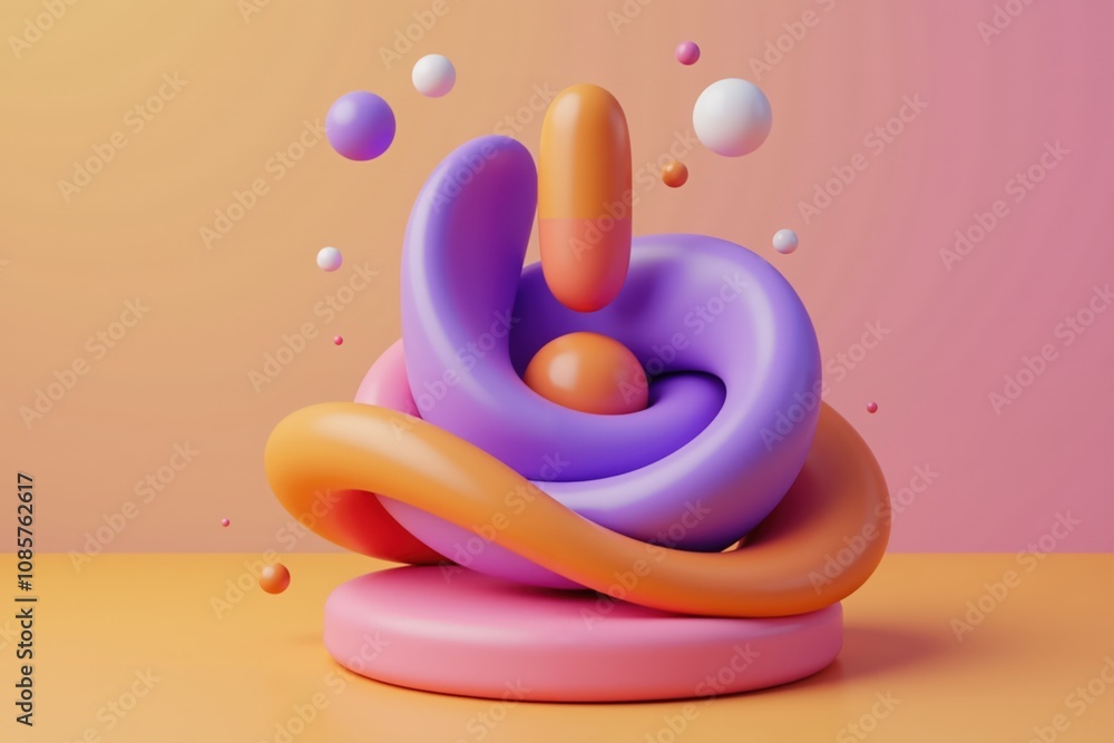Poster abstract colorful sculpture of intertwined shapes on pastel background with floating spheres.