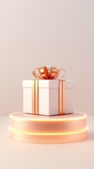 Majestic 3D stage with a large elegant gift box placed on a glowing podium perfect for a festive holiday celebration