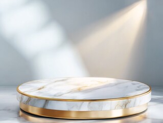 Luxurious 3D podium with marble texture and gold trim under a spotlight designed for premium product presentation