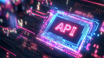 Obraz premium Innovative API Technology Displayed on a Circuit Board with Colorful Neon Lights Creating a Futuristic Vibe