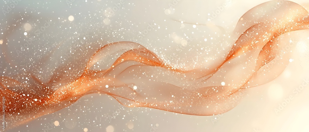 Poster A delicate, flowing silk ribbon-like abstraction in warm hues of orange and gold, enhanced by shimmering particles and soft bokeh, creating an ethereal and dreamy atmosphere.