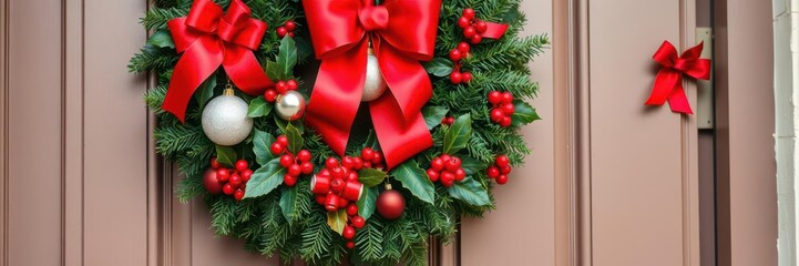 A festive Christmas wreath adorned with red bows, holly leaves, and glittering ornaments hanging on a front door, winter, holly leaves