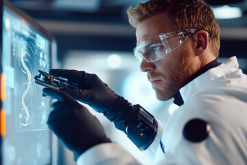 A scientist in a white coat and black gloves examines a device displaying a DNA structure. The futuristic blue background features glowing scientific icons and symbols