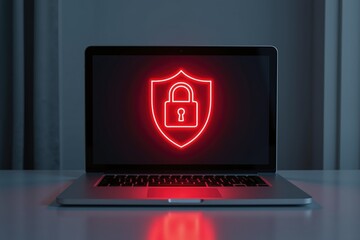Cybersecurity shield concept: laptop displaying glowing red lock icon for online safety and data protection.
