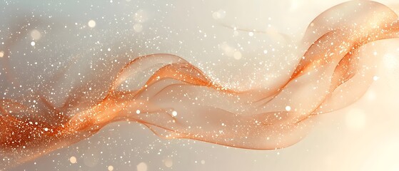Fototapeta premium A delicate, flowing silk ribbon-like abstraction in warm hues of orange and gold, enhanced by shimmering particles and soft bokeh, creating an ethereal and dreamy atmosphere.