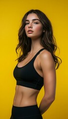 Obraz premium Athletic woman in fitness gear poses confidently against a bright yellow background for text