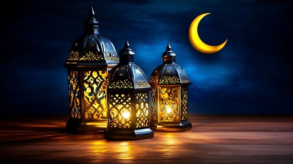 Fototapeta premium Illuminated Ramadan Lanterns Under Crescent Moon