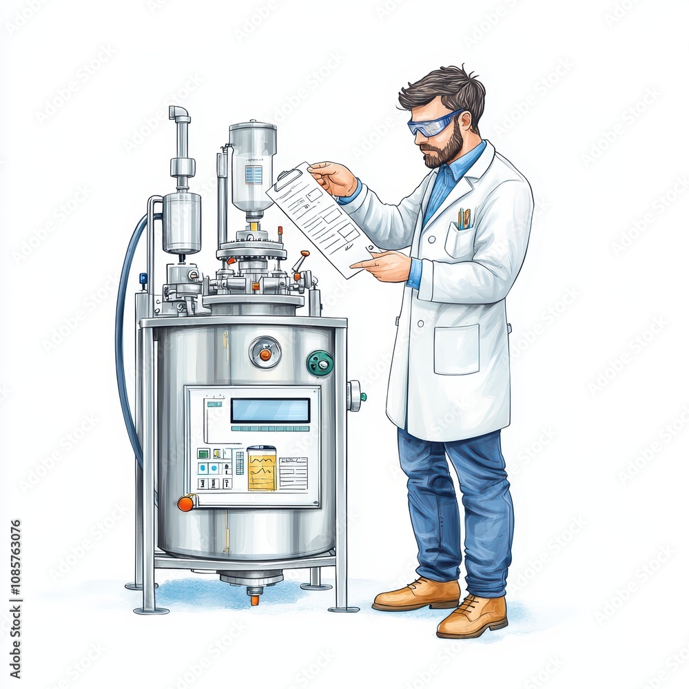 Aufkleber scientist examines data in a lab with advanced equipment.