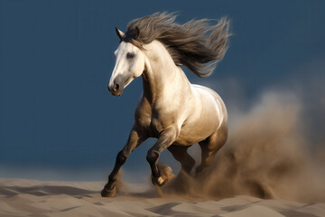 Obraz premium White horse with flamboyant mane galloping in sand, AI generated