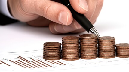 Businessman analyzing financial data while counting coins and preparing for investment decisions in a modern office environment