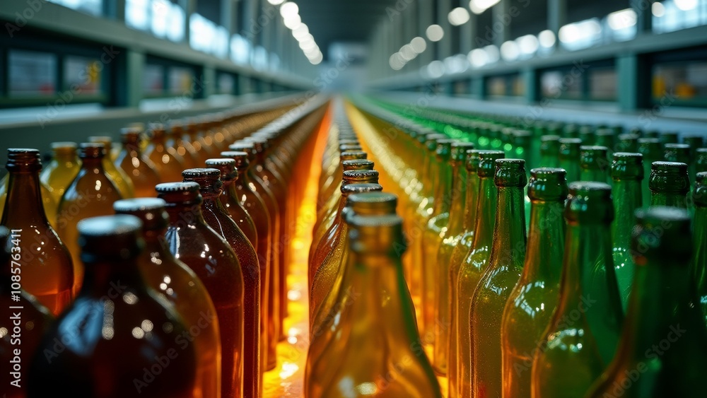 Poster the image shows a long row of empty beer bottles on a conveyor belt in a factory. the bottles are ar