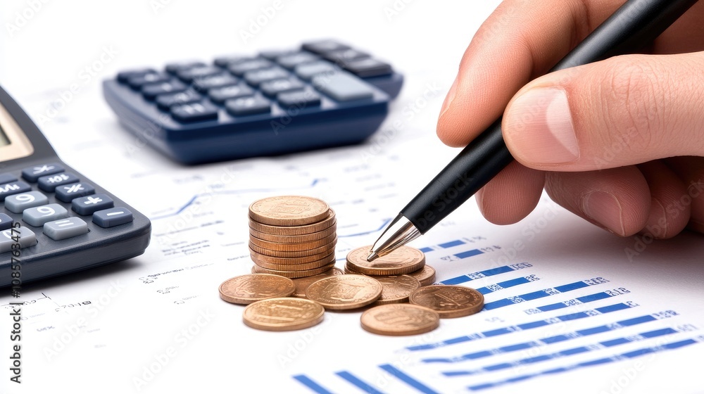 Poster a businessman calculates profits while counting coins on a desk with financial graphs, showcasing di
