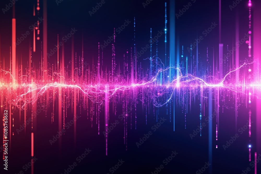Poster abstract digital sound wave in vibrant colors with dynamic energy movement and light effects.