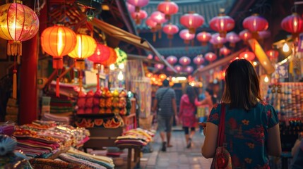 Explore a vibrant market with red lanterns and colorful textiles, a perfect blend of culture and tradition.