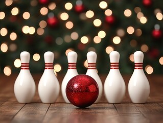 Bowling pins with a red ornament against a blurred festive background.