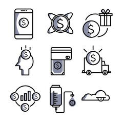 Simple set of finance icons showing money, payment, donation, investment, and digital banking concepts. Clean line style with minimal color. Great for apps, websites, or presentations.