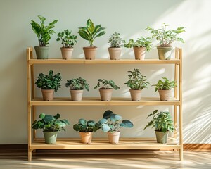 Eco-Friendly Planting Techniques: A sustainable indoor plant setup with air-purifying plants in biodegradable pots, arranged on a stylish bamboo shelf