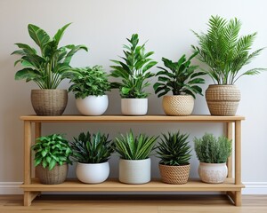 Obraz premium Eco-Friendly Planting Techniques: A sustainable indoor plant setup with air-purifying plants in biodegradable pots, arranged on a stylish bamboo shelf