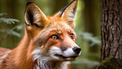 Obraz premium Close-Up of a Curious Red Fox in Woodland Setting