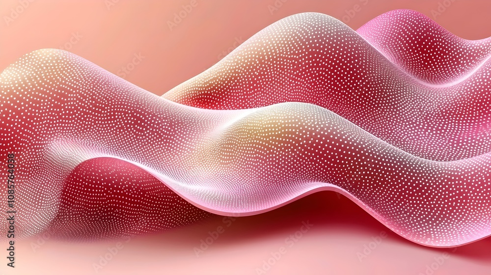 Poster an abstract wave of pink and white, featuring delicate dots that create a textured appearance, evoki