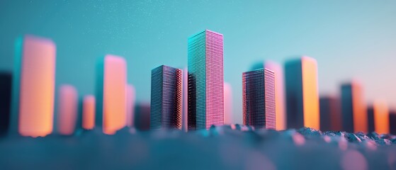Stylized urban cityscape at dusk with colorful lighting effects.