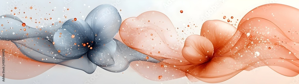 Poster an abstract composition featuring flowing ribbons of soft blue and orange, intertwined with sparklin