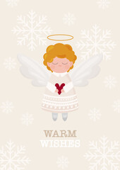 Warm wishes Christmas card with cute angel in nude colors. Cartoon illustration, vector design for Greeting card, invitation