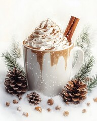 Isolated on white background cozy Christmas artwork featuring a steaming mug of hot cocoa with whipped cream and a cinnamon stick,