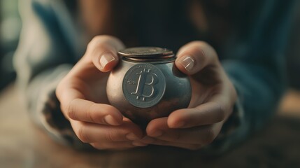 Close-up of Hands Holding a Metallic Bitcoin Savings Jar Symbolizing Cryptocurrency Investment and Financial Planning in a Modern Context