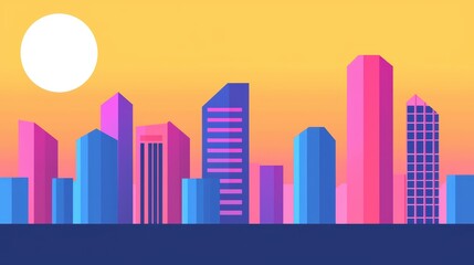 Vibrant city skyline at sunset with colorful skyscrapers.