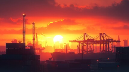 Obraz premium Fiery Sunset Over Industrial Harbor