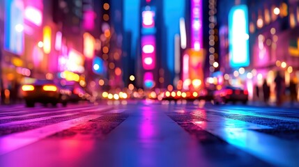 Obraz premium Vibrant city street with neon lights reflecting on wet pavement.